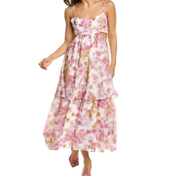 Wayf Tiered Maxi Dress Magenta Daisies Size L NWT - Picture 1 of 12